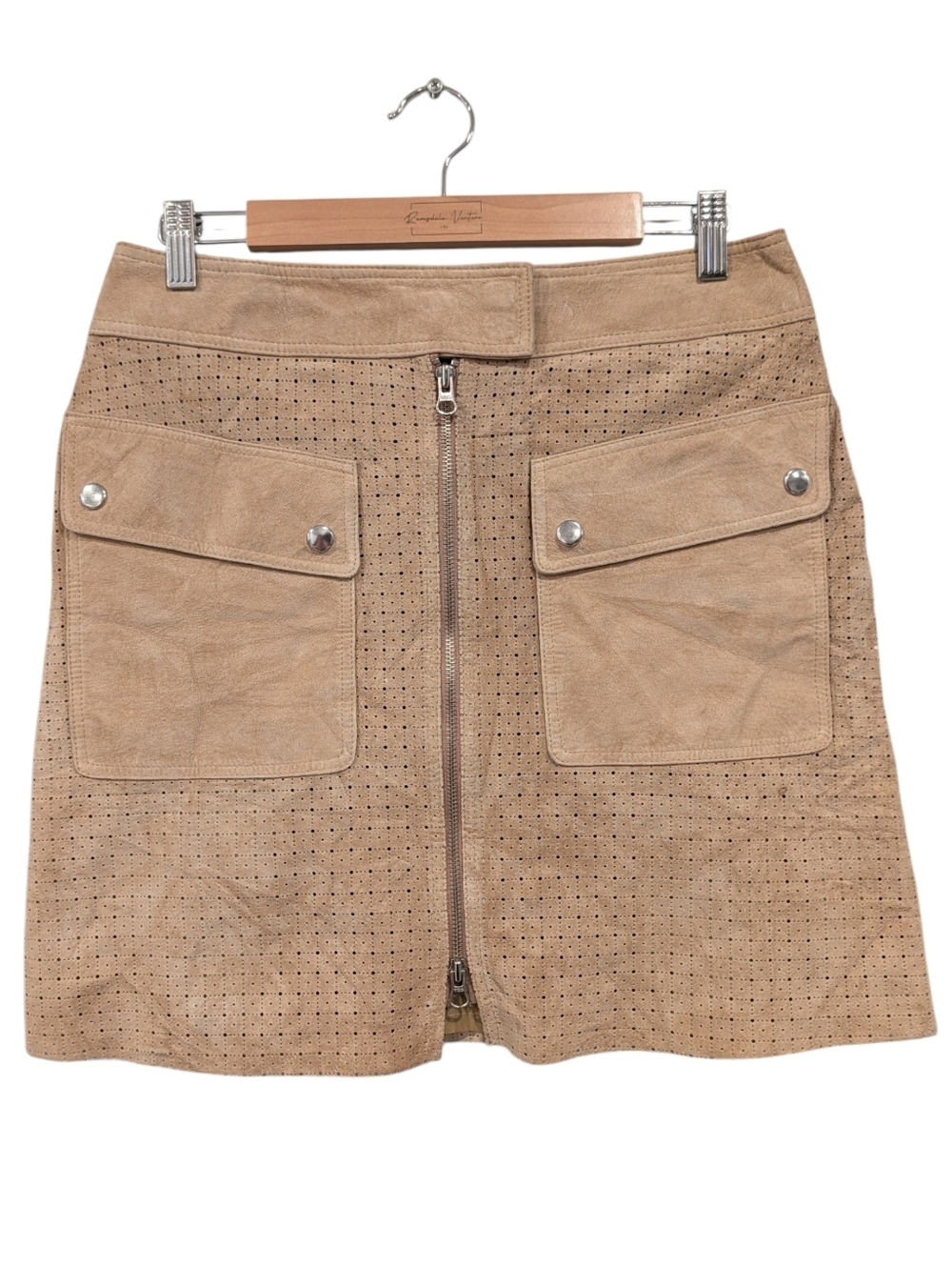 Margaret Godfrey Leather Mini Skirt Tan Perforated Zip Pocket Sz 10